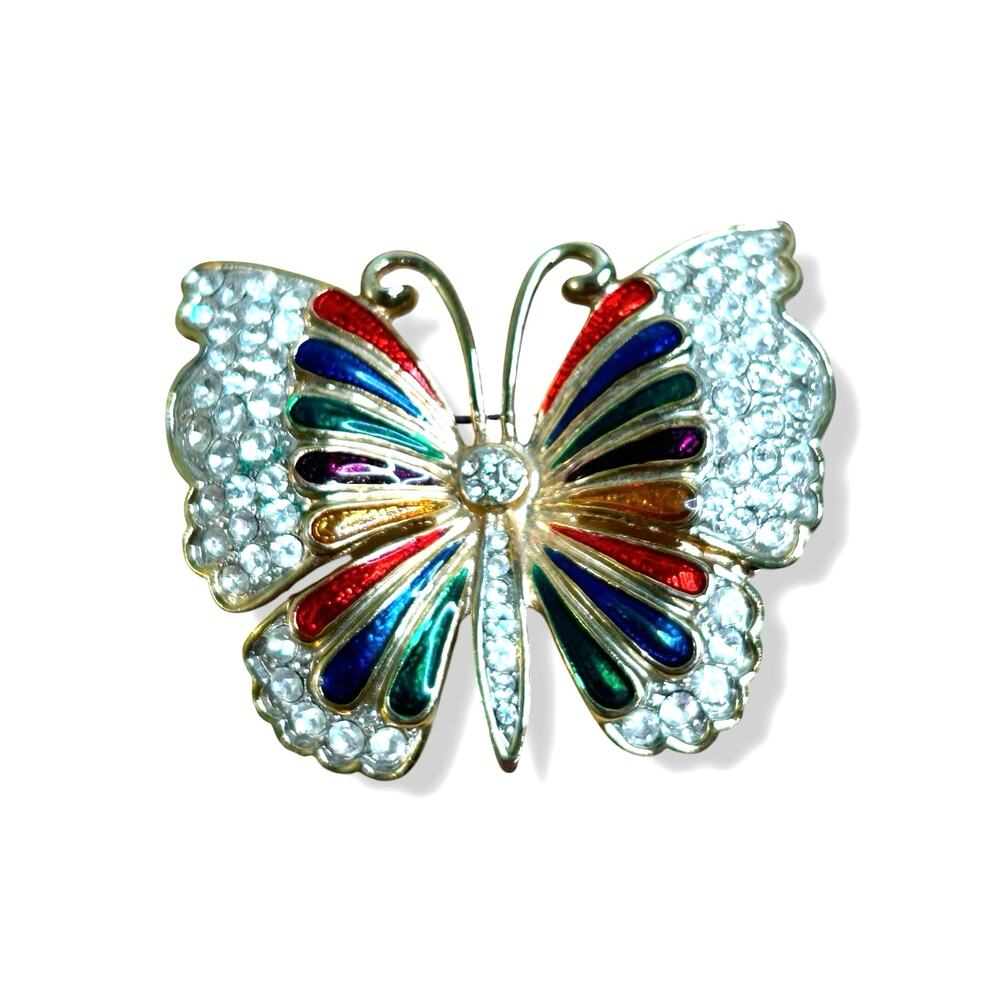 Vintage Rhinestone Rainbow Colored Enamel Butterfly Brooch Pin Silver Tone